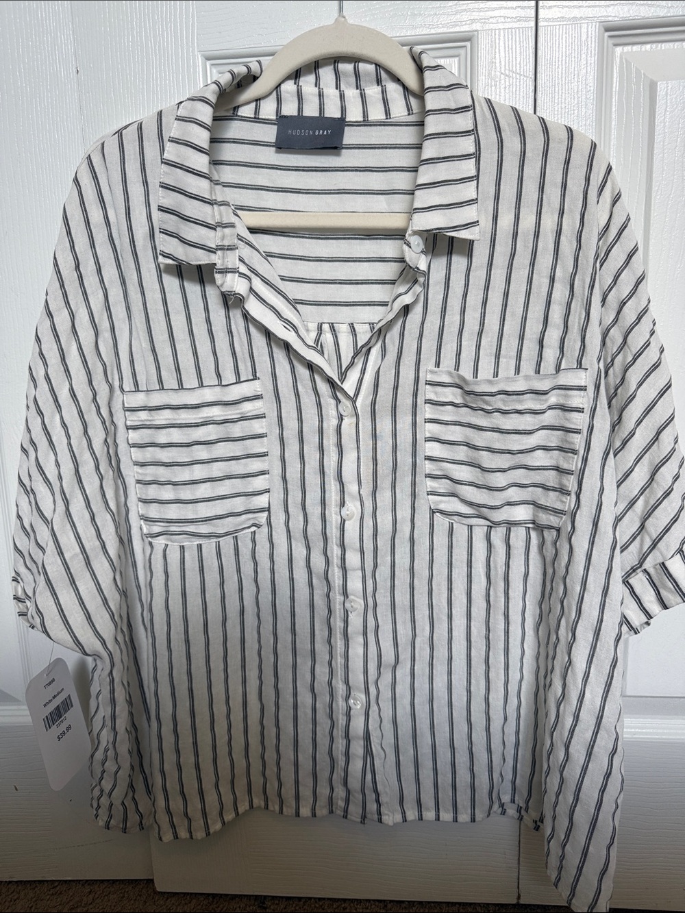 White and Black Striped Button-Up Shirt